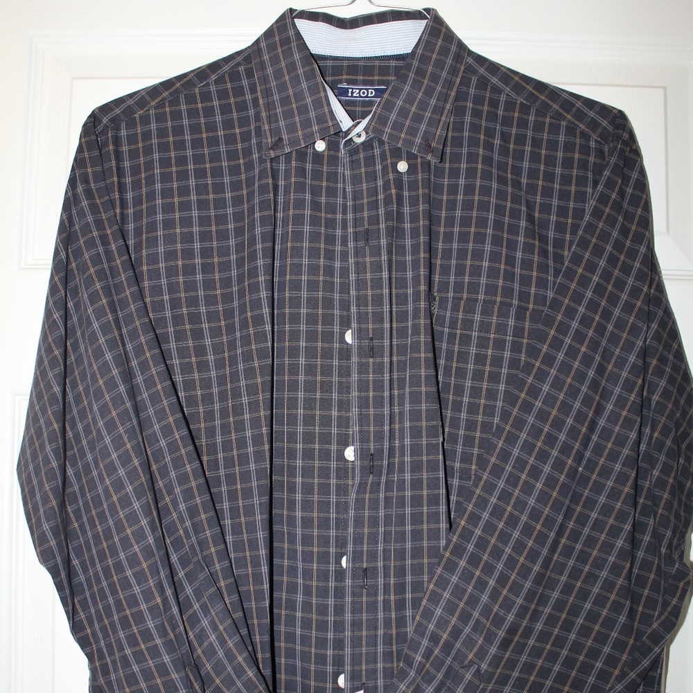 IZOD, blue plaid button down oxford, Large